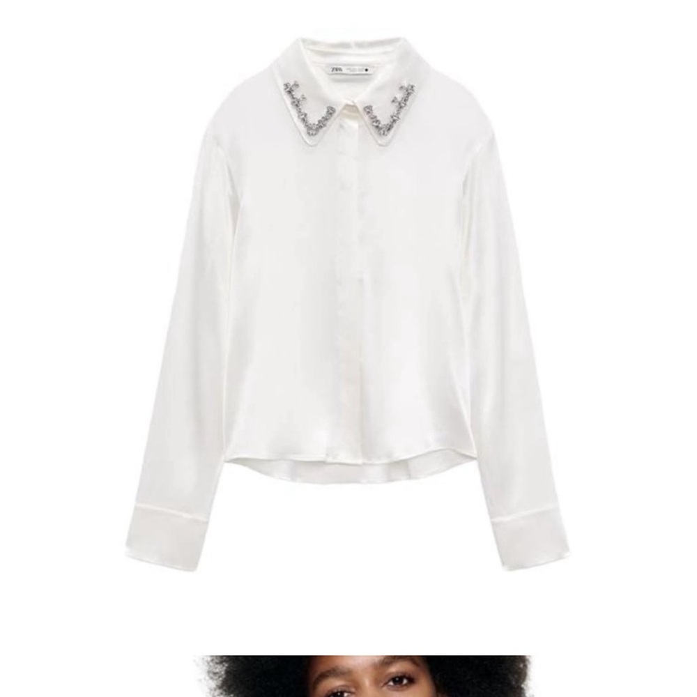 Zara White Embellished Collar Satin Shirt
